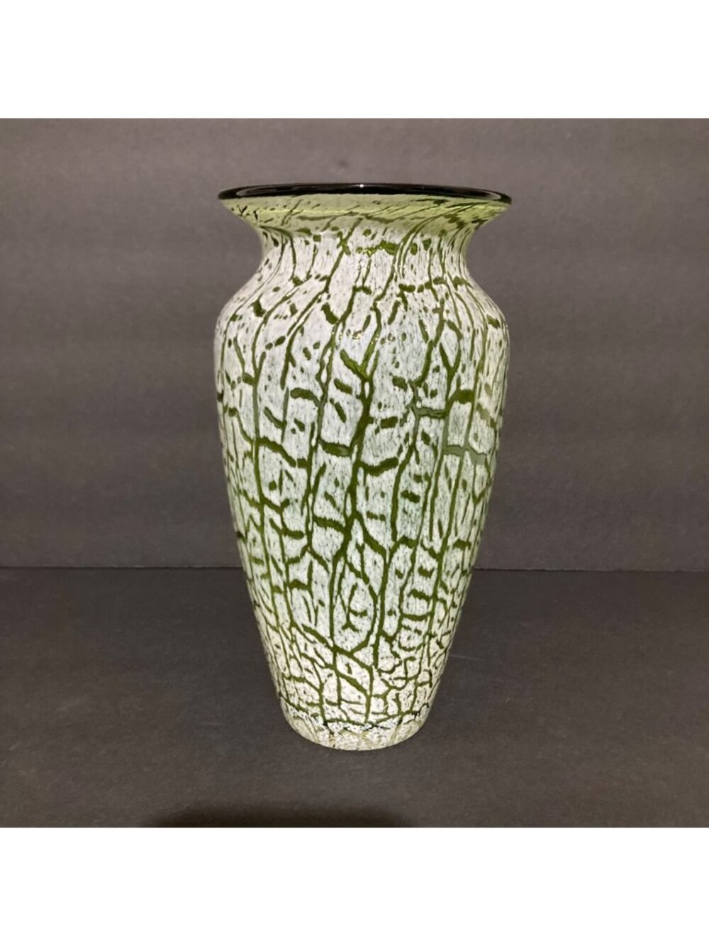 Hand Blown Green With White Crackle Overlay Vase